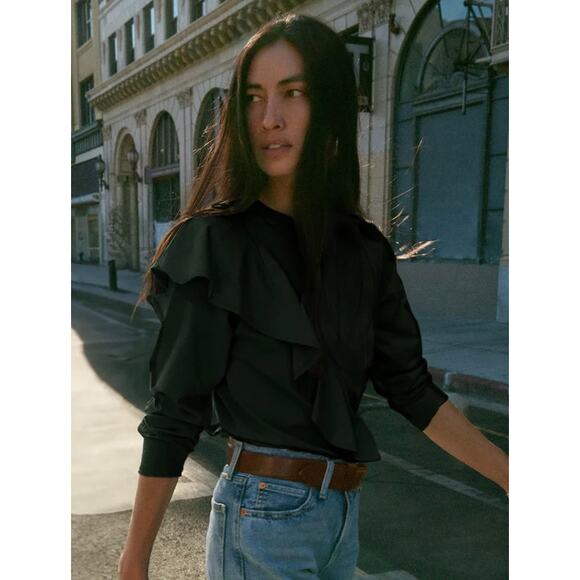 EUC Nation Los Angeles Farrah Top Black Sz XS Asymmetric Ruffle Sleeve Chic Tee - Picture 12 of 16